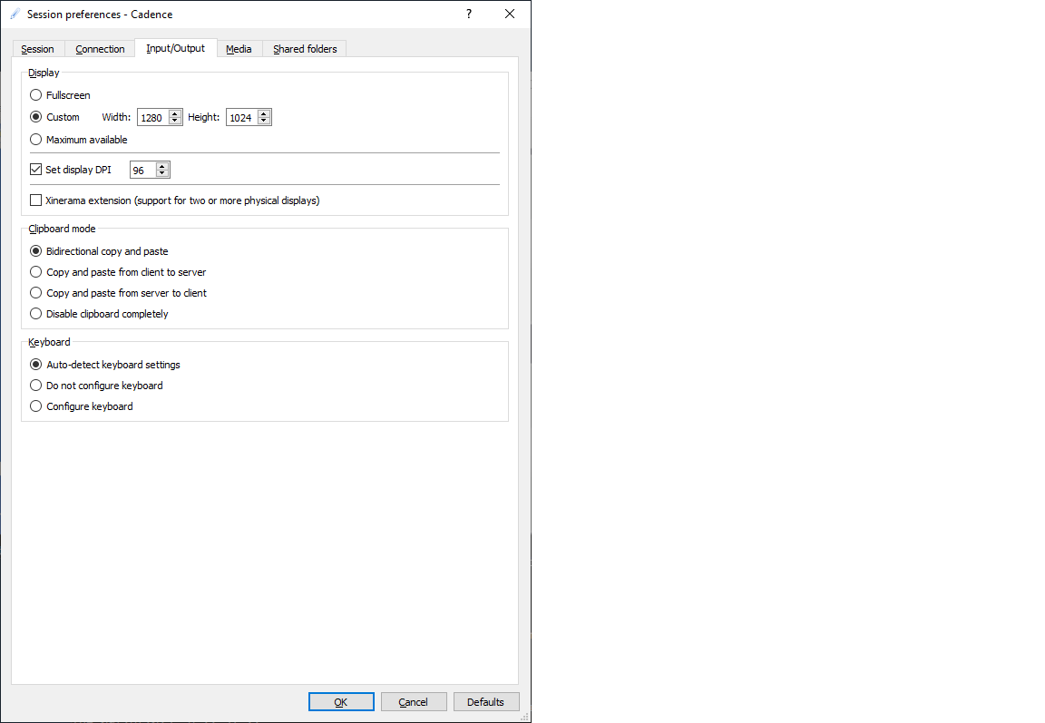 X2Go configured input/output tab