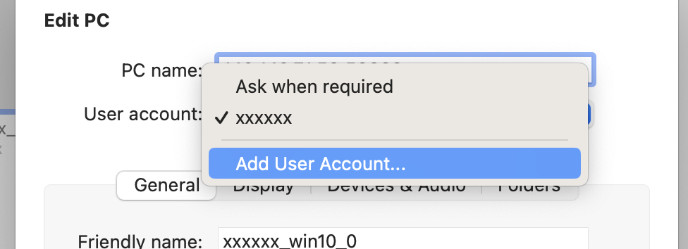 User Account box clicked, with Add User Account highlighted